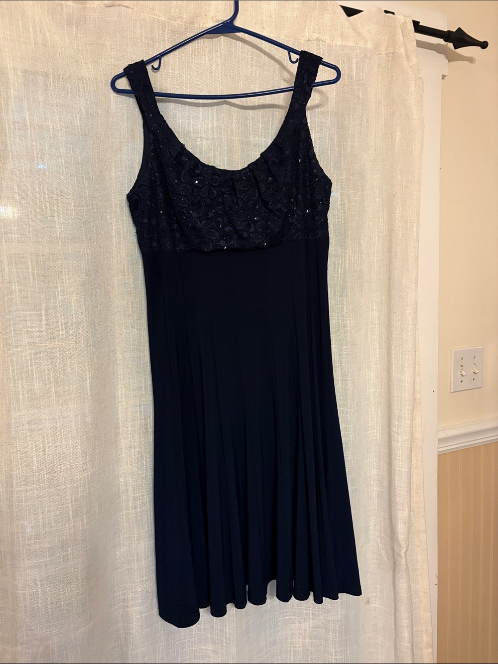 Navy Sleeveless Empire Waist Dress with Beaded Bodice